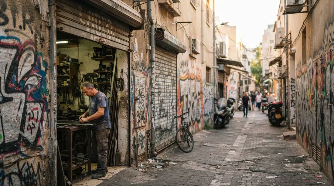 en Florentin-gränd nära Abarbanel Street med lager av graffiti, metalljalusier och en delvis öppen verkstadsdörr i eftermiddagsljus