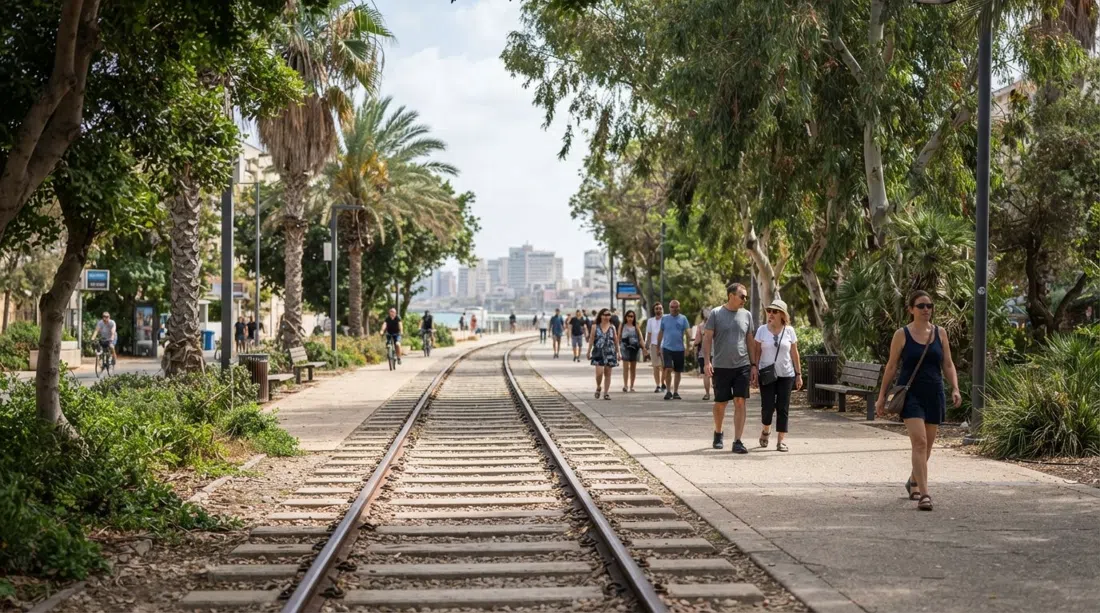 Park HaMesilas skuggiga gröna promenad med den tidigare järnvägslinjen genom den, förmiddagsljus och vandrare på väg mot Jaffa