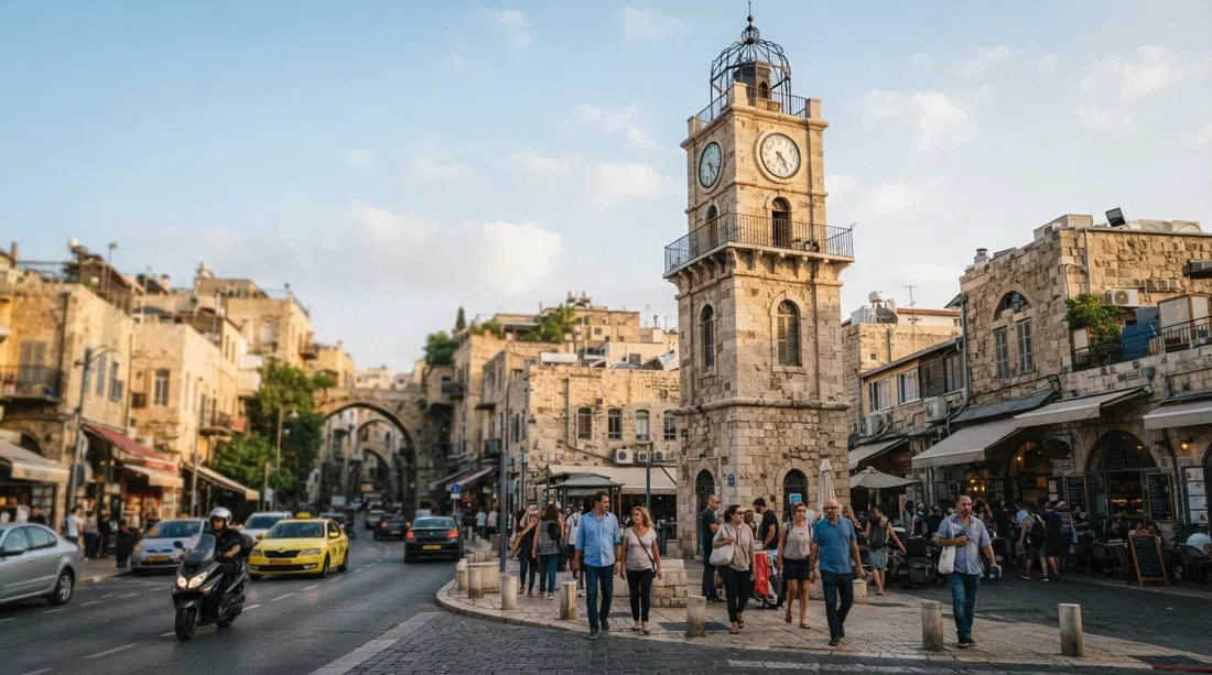 la Torre dell'Orologio di Giaffa su Yefet Street nel tardo pomeriggio, storica pietra che si erge sopra il traffico con i vicoli della Città Vecchia dietro
