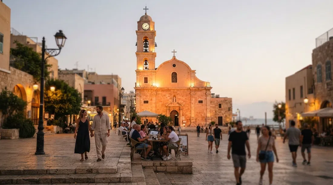 Chiesa di San Pietro su Kedumim Square nella morbida luce serale, facciata in pietra pesca e una piazza tranquilla sottostante