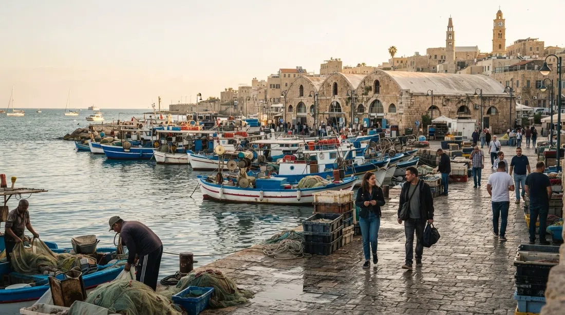 Porto di Giaffa con barche da pesca e hangar restaurati sull'acqua, sole del tardo pomeriggio sul bordo del porto