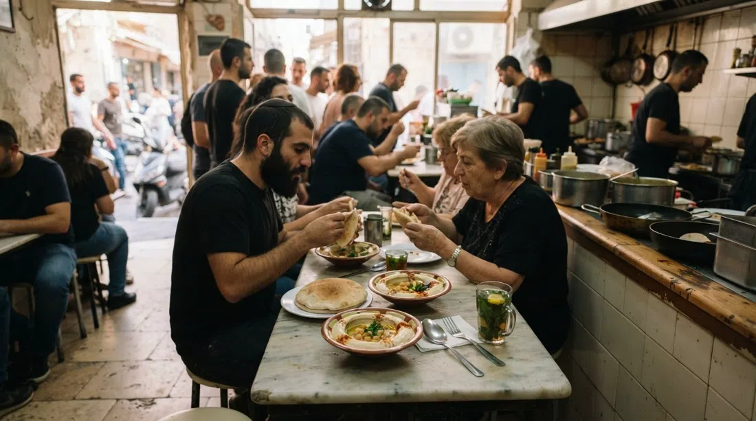 un bancone affollato per la colazione da Abu Hassan su HaDolphin Street, ciotole di hummus e masabacha su un tavolino nella luce del mattino
