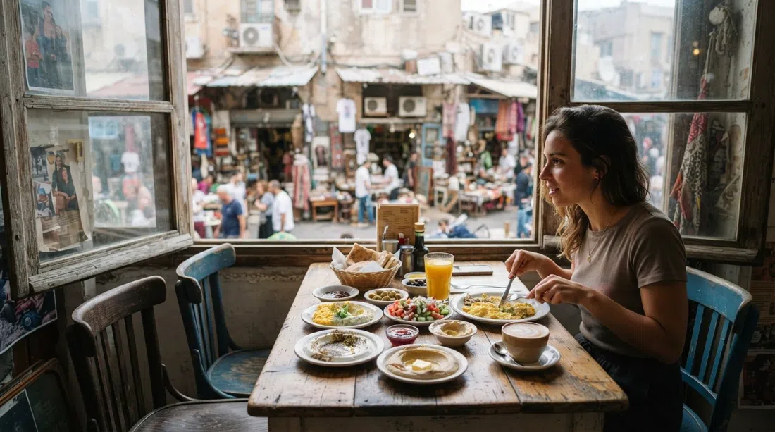 un tavolo da Puaa con sedie vintage spaiate, piatti della colazione israeliana e confusione del mercatino delle pulci visibile attraverso la finestra