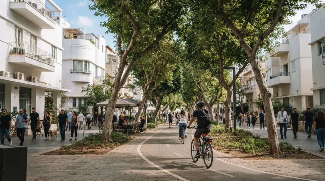 Rothschild Boulevard a Tel Aviv a tarda mattinata, la mediana ombreggiata fiancheggiata da facciate Bauhaus restaurate, ciclisti che passano sotto i platani