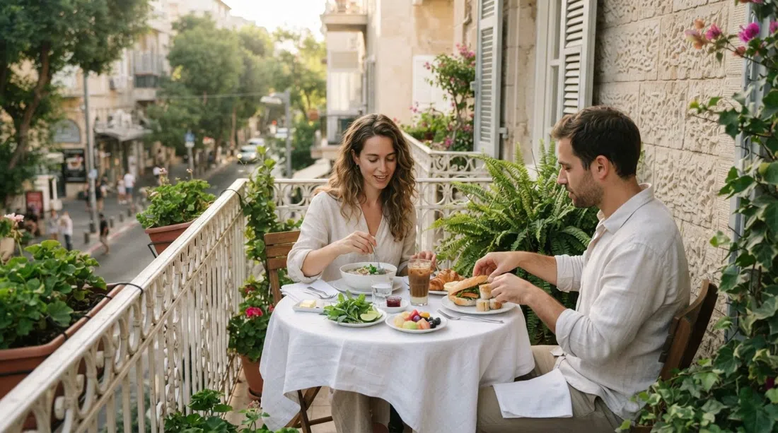 una colazione sul balcone all'Hotel Montefiore in Montefiore Street, stoviglie bianche e vegetazione incorniciano un brunch franco-vietnamita alla morbida luce mattutina