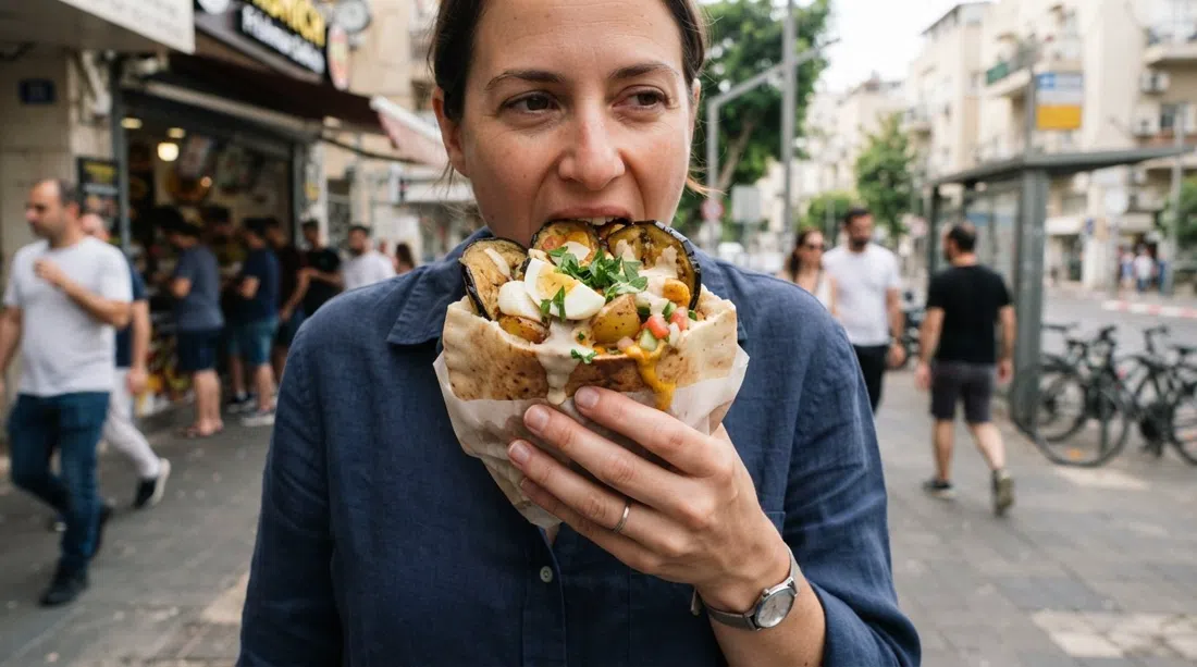 un sabich pita da Frishman Sabich a Frishman e Dizengoff, farcito con melanzane, uovo, patate e tahini, fotografato da vicino sulla strada