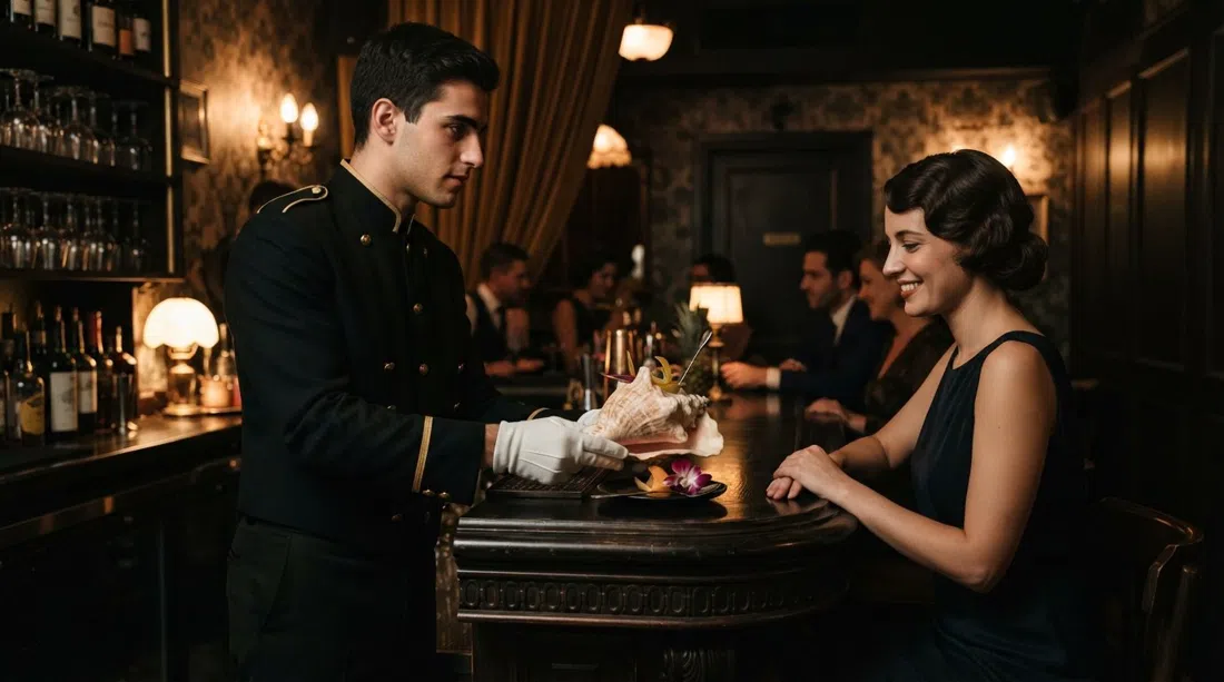 Bellboy all'interno dell'Hotel B Berdichevsky, un cocktail teatrale servito in una conchiglia con un'illuminazione cupa in stile anni '20