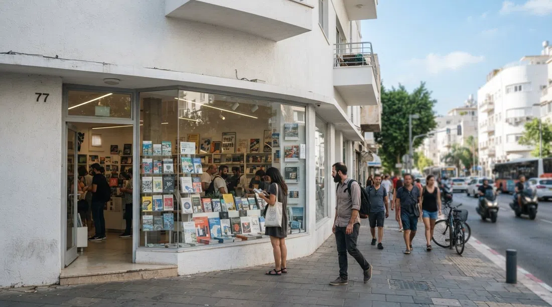 Il Bauhaus Center al Dizengoff 77, con mappe dei tour della Città Bianca e libri di design esposti nella vetrina in una luminosa mattina di Tel Aviv