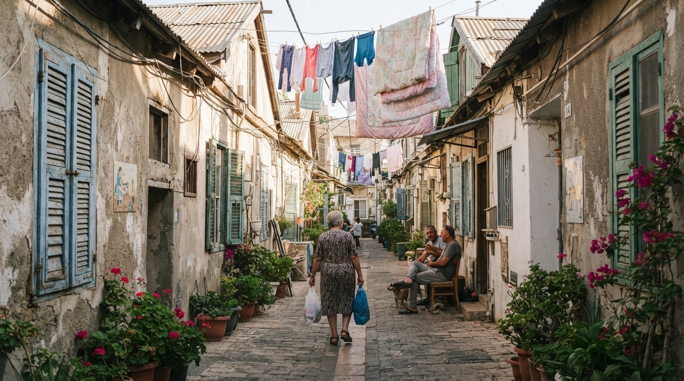 low one-storey houses with original tin roofs on a narrow Kerem HaTeimanim lane, late-morning sun catching laundry lines and peeling shutters