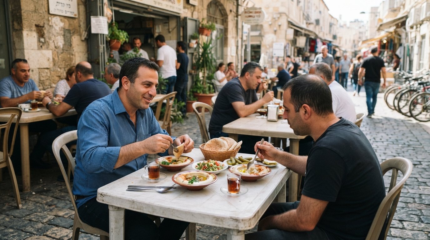 plastic tables outside Shlomo & Doron Hummus on 29 Yishkon Street, bowls of creamy hummus and ful on a sunlit cobbled lane at lunchtime